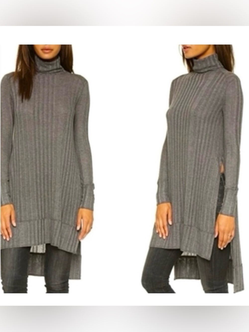 Free People Heathered Gray Ribbed Tunic Top Turtleneck Side Slits Knit Sweater